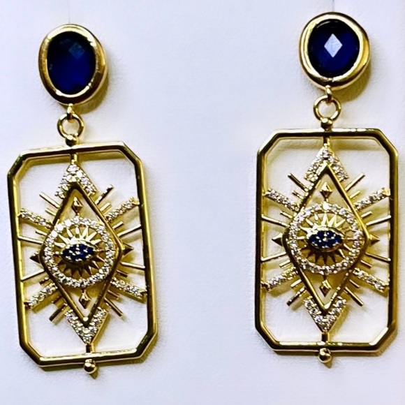 Abigail Creations Gold Plated CZ Rectangle Evil Eye 🧿 Drop Earrings - Picture 4 of 7